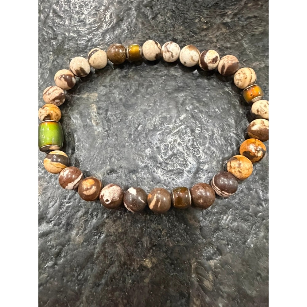 Natural Zebra Jasper‎ Stretch Bracelet with Green Ceramic Accent Beads | Boho